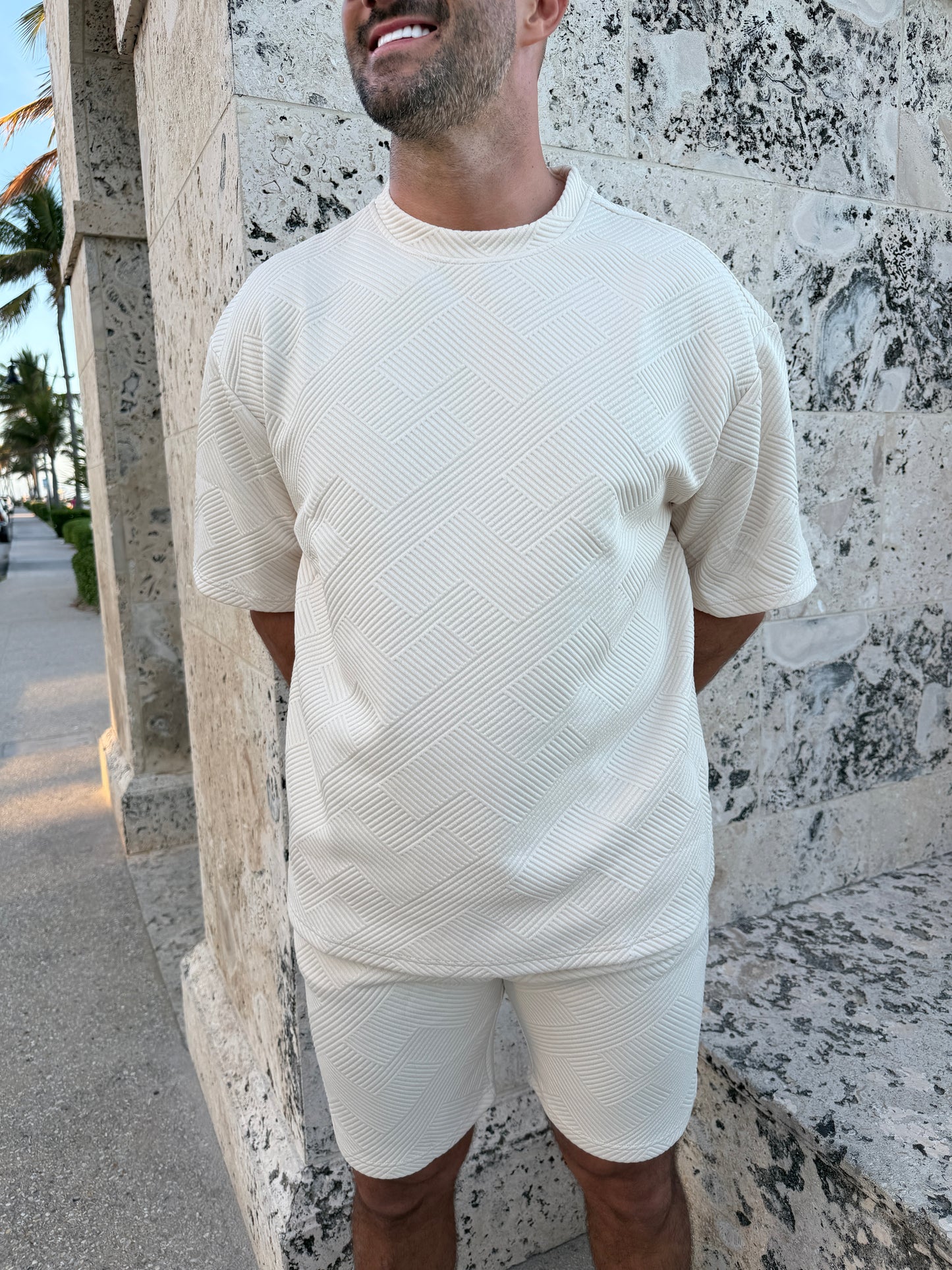 Short Sleeve Textured T-Shirt & Short Set (Ivory)